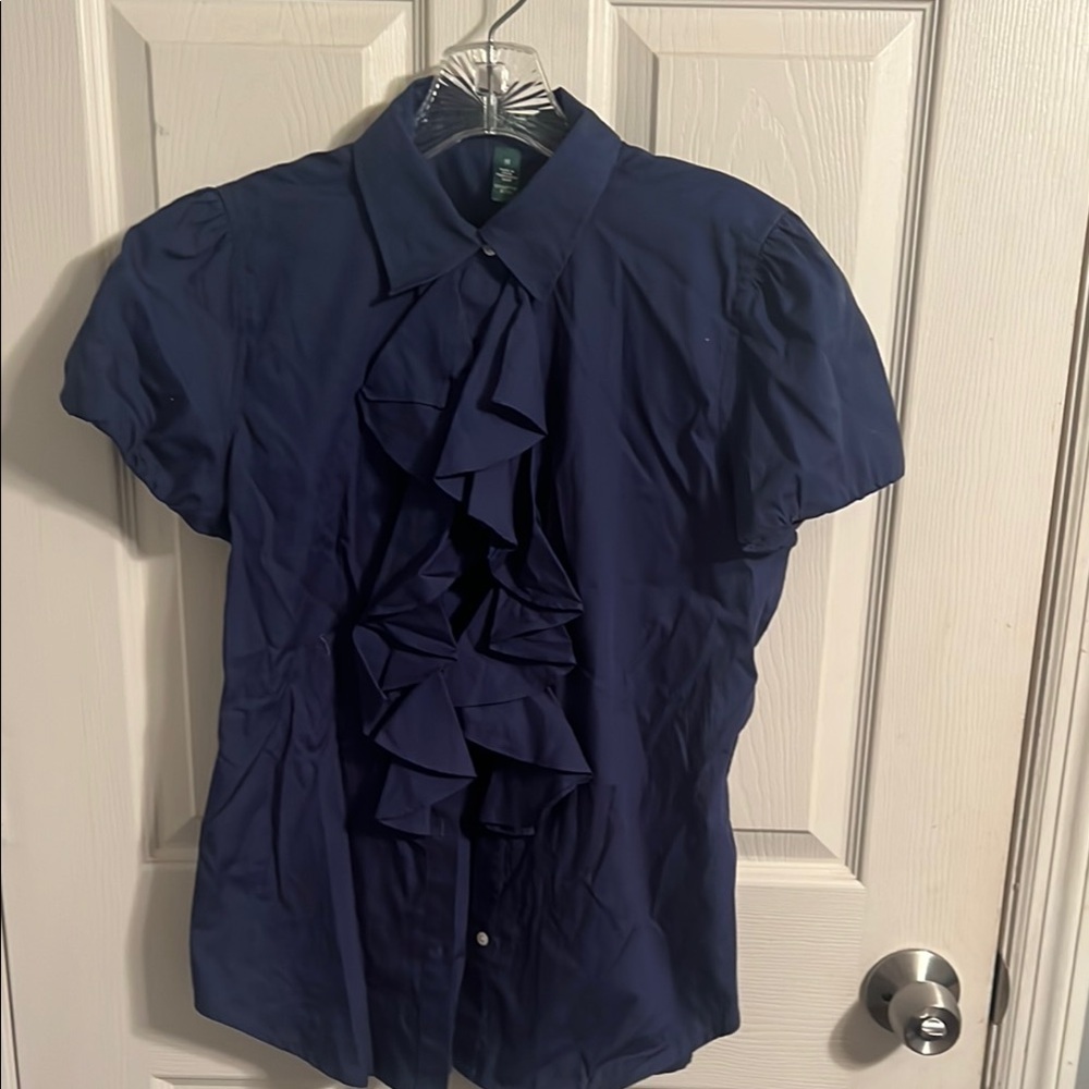 Lauren (Ralph Lauren) Navy Ruffled Short Sleeve Blouse